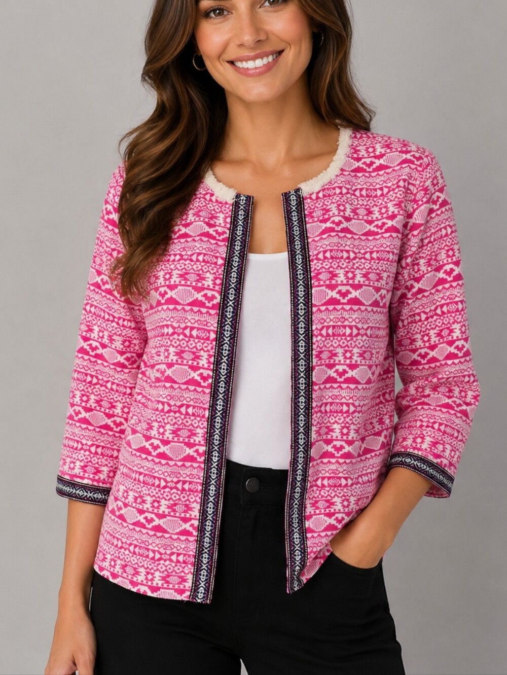 VALERIE STEVENS Pink Aztec Fringe Open Front Blazer Medium